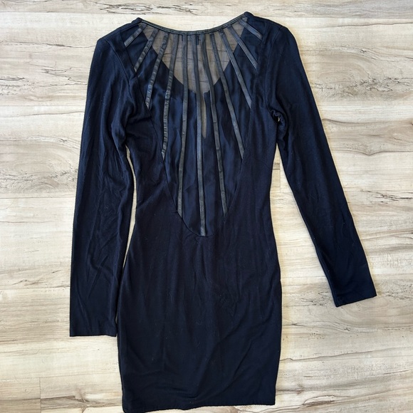 Vintage tight black longsleeve low back cotton stretch dress with leather detail - Picture 2 of 2